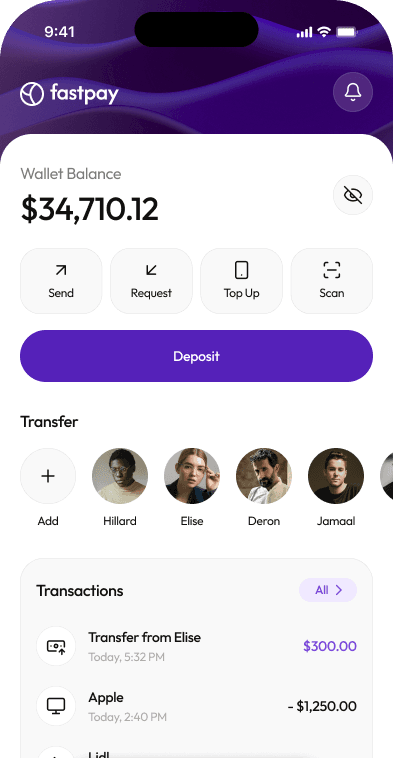 fastpay home screen showing wallet balance and transfers